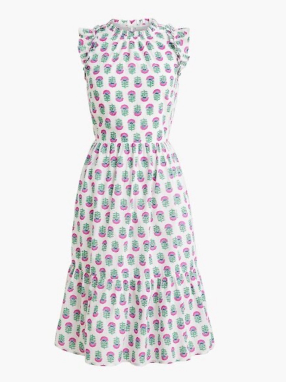 Sleeveless White Cotton Dress with Pink & Teal Leaf Print